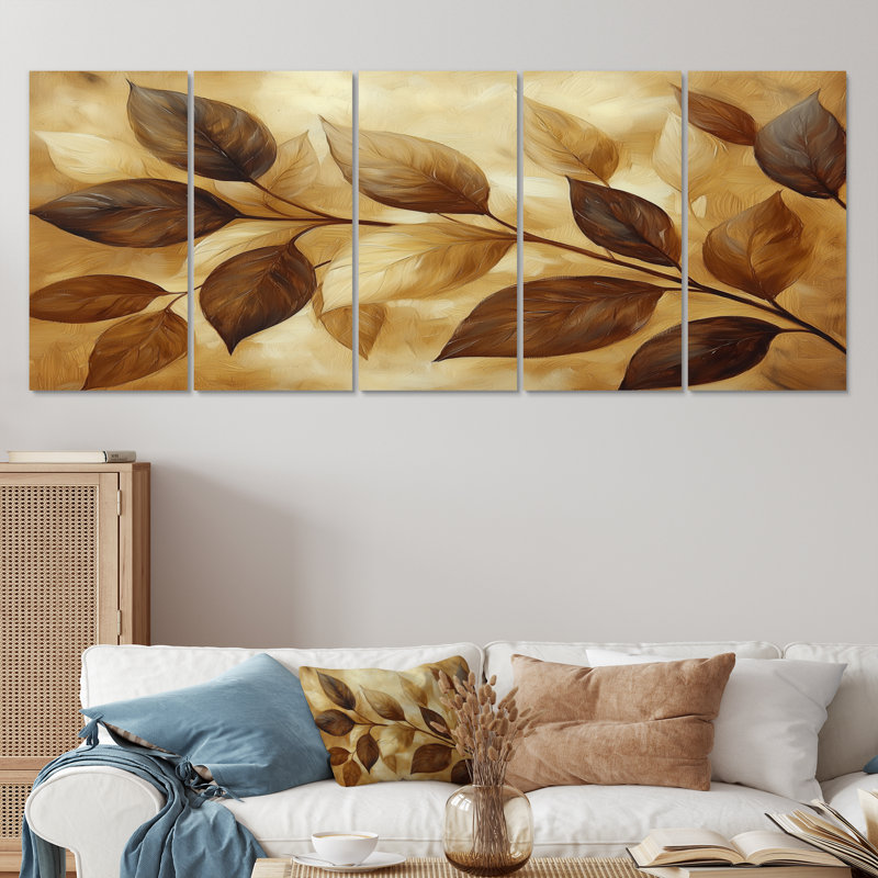 Chocolat brun feuilles de cenery I - art mural brun - décoration murale traditionnelle, 5, H 32 po x l 80 po