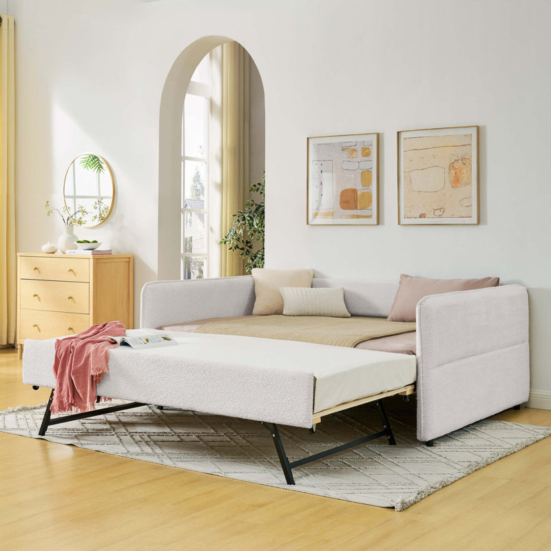 Full-Size Upholstered Daybed with Pull-Out Trundle, Boucle Fabric