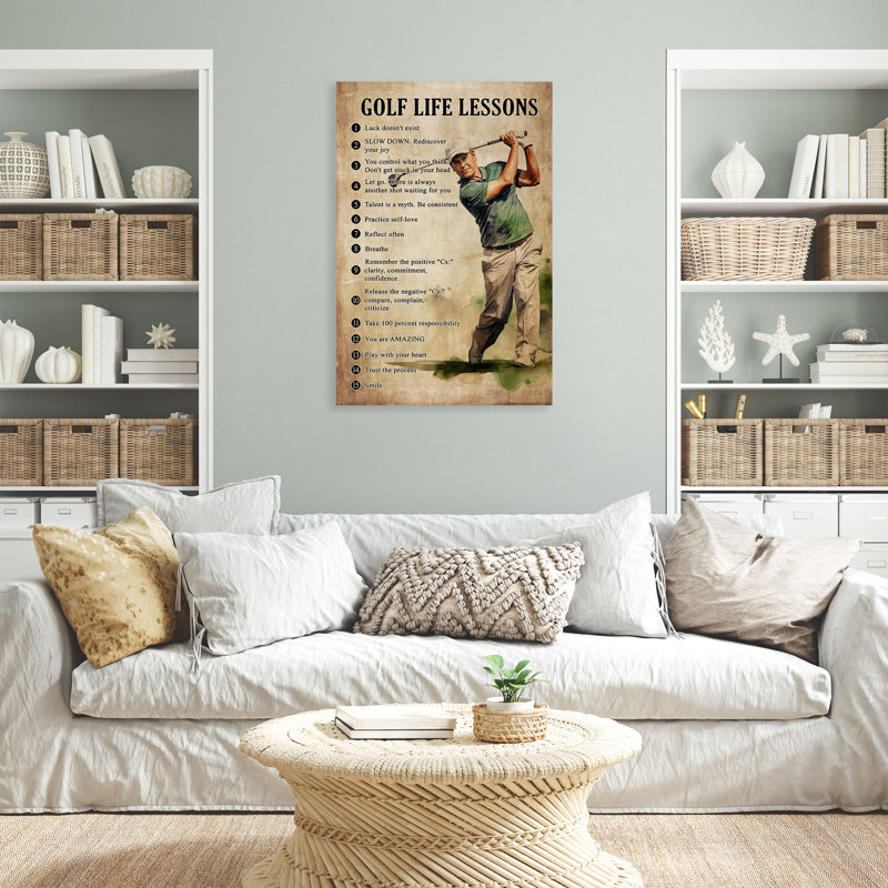 «Golf Life Lessons Gallery», toile tendue sur toile - Sports Illustration, bleu et beige, H 24 po x l 36 po x P 2 po