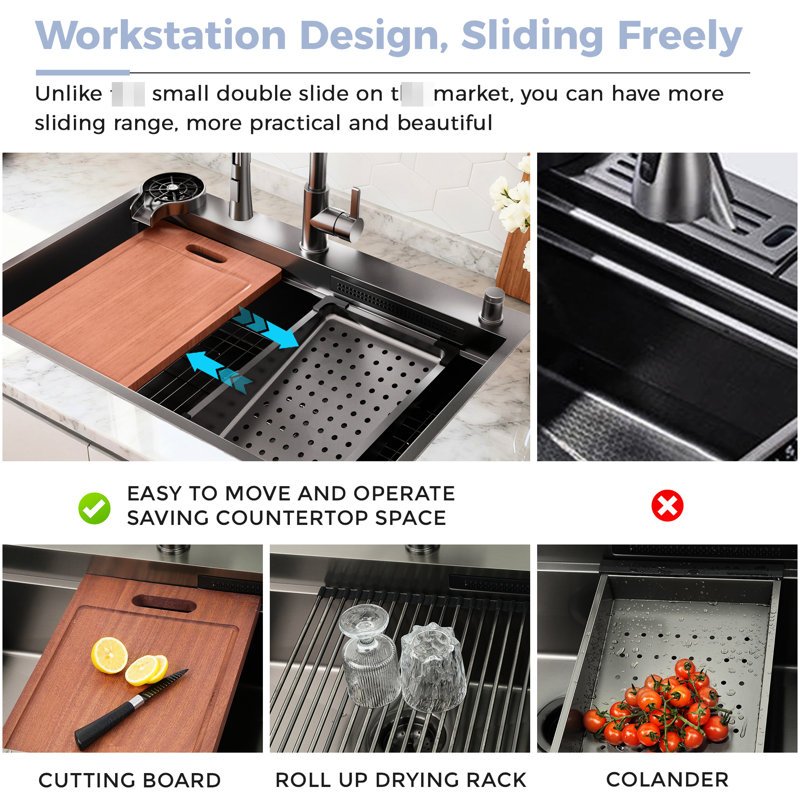 Évier de cuisine en cascade de 33 po noir Gunmetal, robinet escamotable 2 en 1, poste de travail avec rebord, revêtement Nano, évier à condensation de conception moderne 33 po, cuve simple, drainage rapide et silencieux