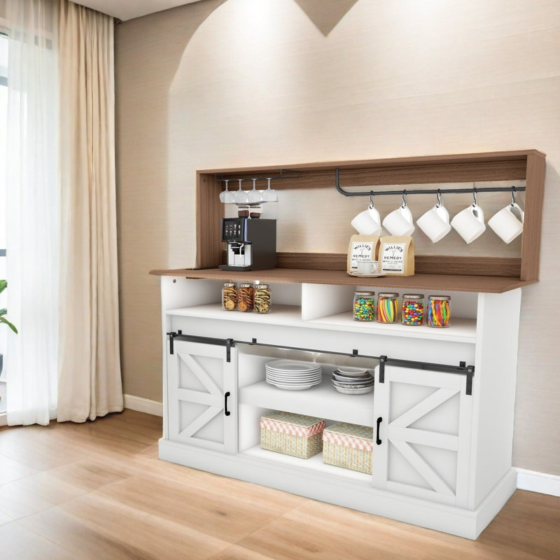 Gracie Oaks 52" Farmhouse Coffee Bar Buffet Cabinet With Storage Sliding Barn Door, Sideboard Cabinet With Goblet Holder, 5 Hooks And Power Outlets 