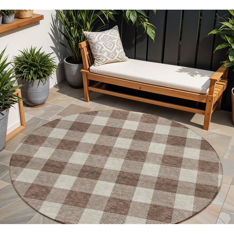 Tapis d'intérieur rond lavable à carreaux brun et beige 8 pi