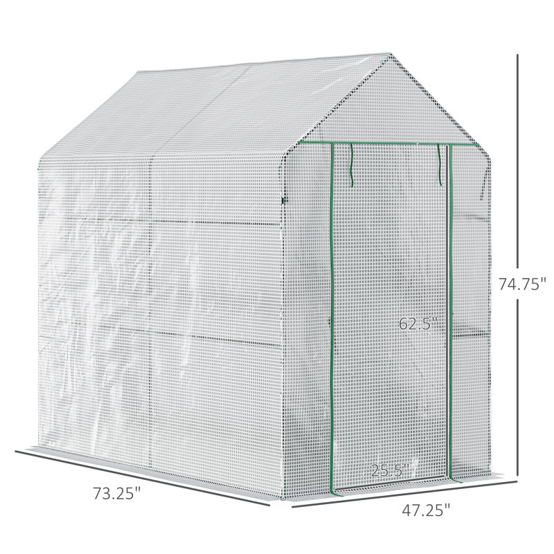White Steel Walk-In Greenhouse with Shelves and Roll-Up Door