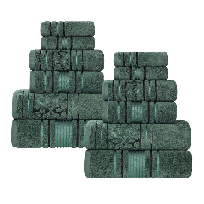 Ensemble de serviettes en coton uni et jacquard Sadie Zero Twist, Ensemble de serviettes - 12 pièces, À rayures, Vert forêt