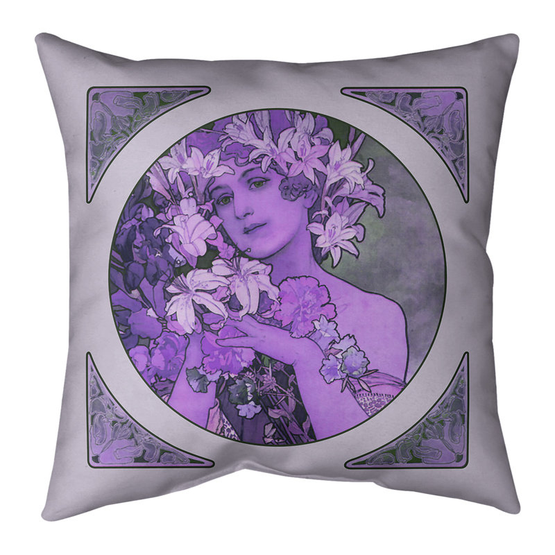 Coussin décoratif couronne de fleurs Alphonse Mucha, 20 po x 20 po, Bourre en polyester, Mauve
