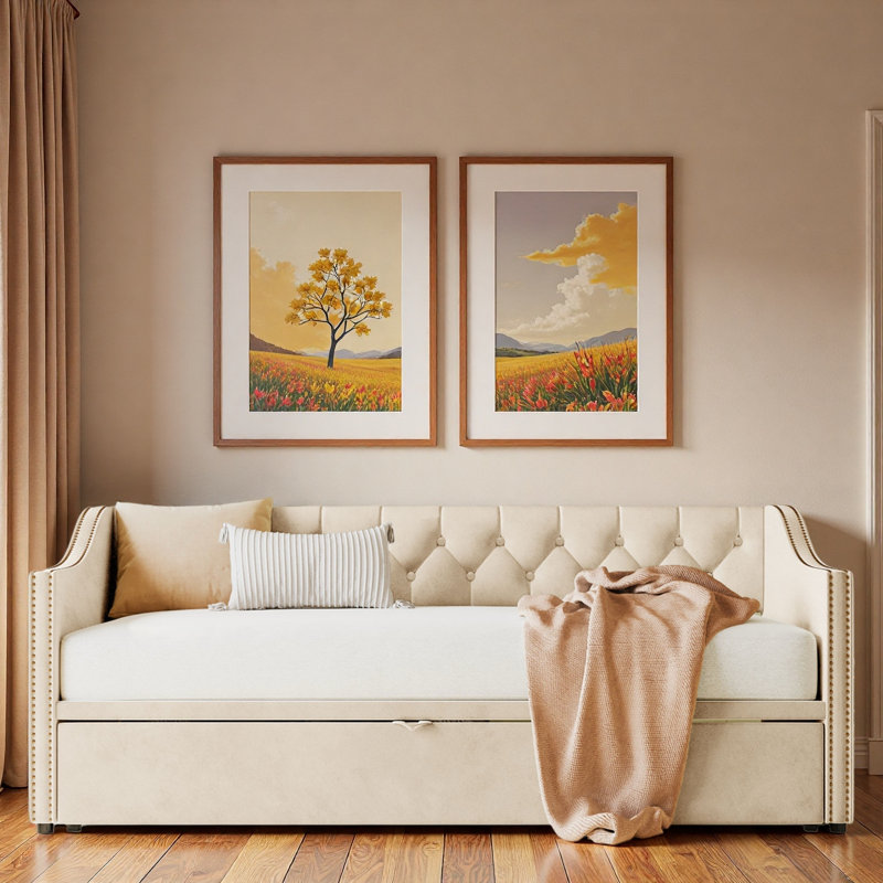 Upholstered Daybed With Pop Up Trundle, Beige