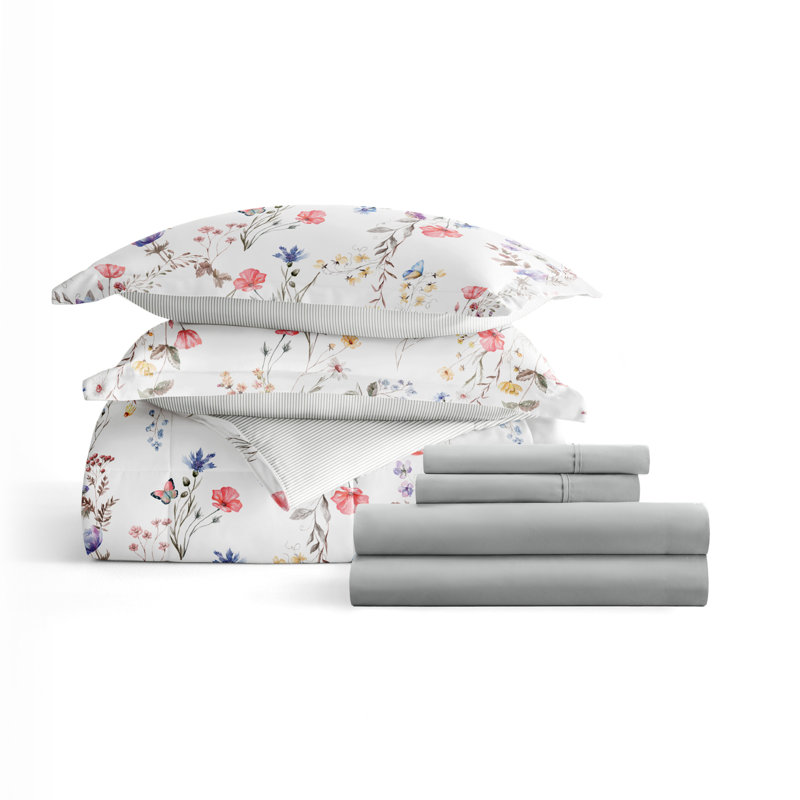 7 Piece Bedding Set - Comforter and Sheet Set, Édredon simple TG + 1 pièce supplémentaire, Motif floral rose