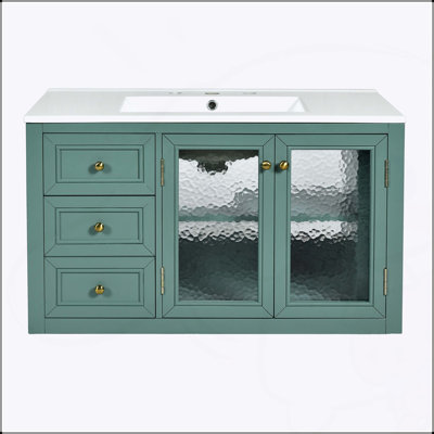 36 Inch Wall Mounted Bathroom Vanity with Ceramic Sink, Floating Storage Cabinet with 3 Drawers, Solid Wood Frame and MDF Board