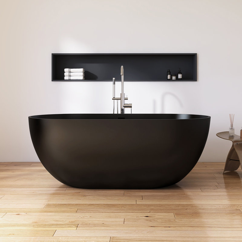 59" x 30" Freestanding Bathtub Solid  Surface Stone Resin Soaking Tub, Black