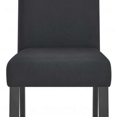 Ensemble de salle à manger 5 pièces, hauteur du comptoir, table carrée gris béton, chaises rembourrées en tissu noir, pieds en bois.