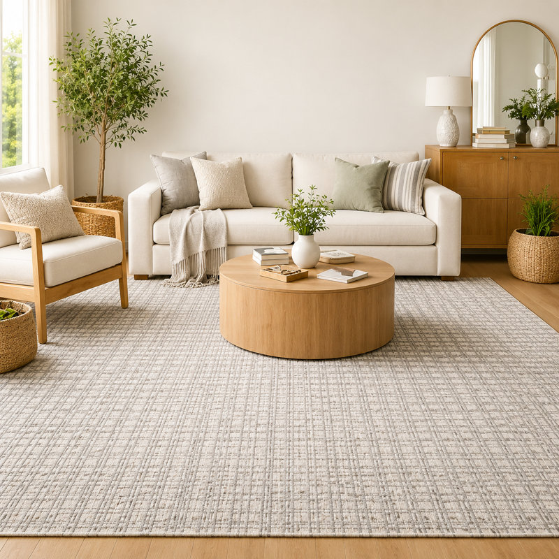 Tapis tissé à la main | Tapis en laine et bambou en soie moderne | Tapis d'intérieur beige et gris épais de 9 mm
