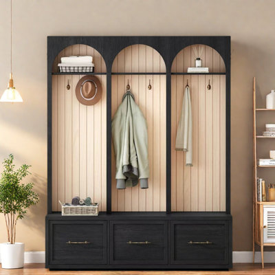 Farmhouse Wooden Style Hall Tree With Arched Design, Bench, 8 Retro Hooks, And 3 Drawers