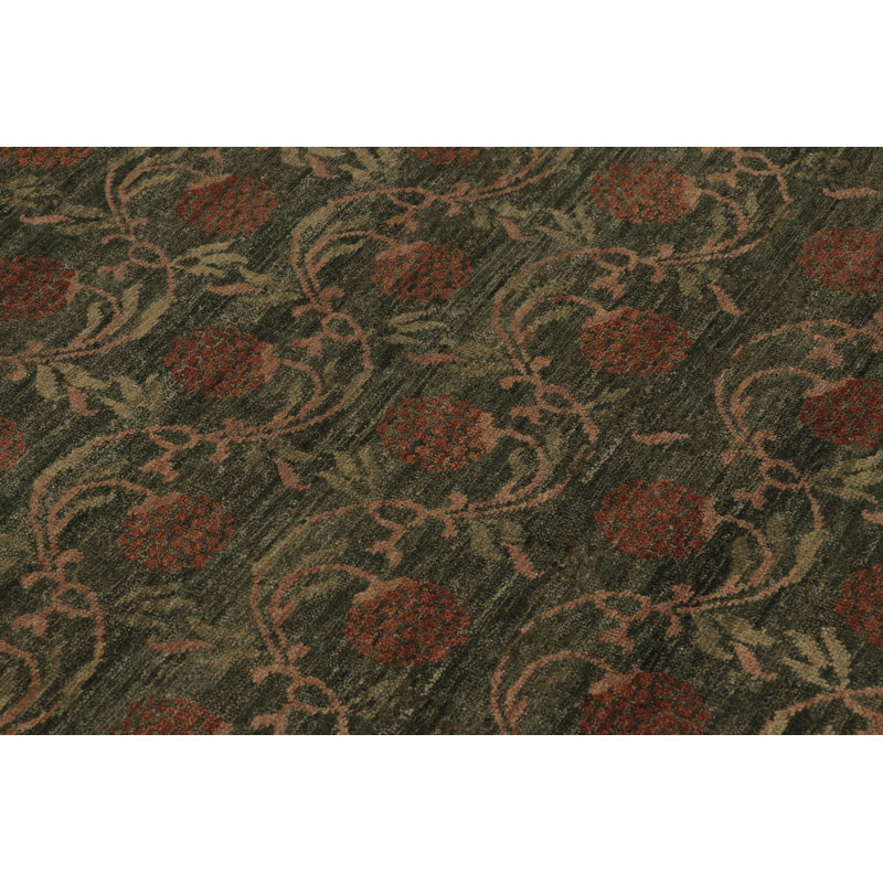 Black Print Hand Knotted Wool Floral Area Rug, Rectangle 4' x 5'
