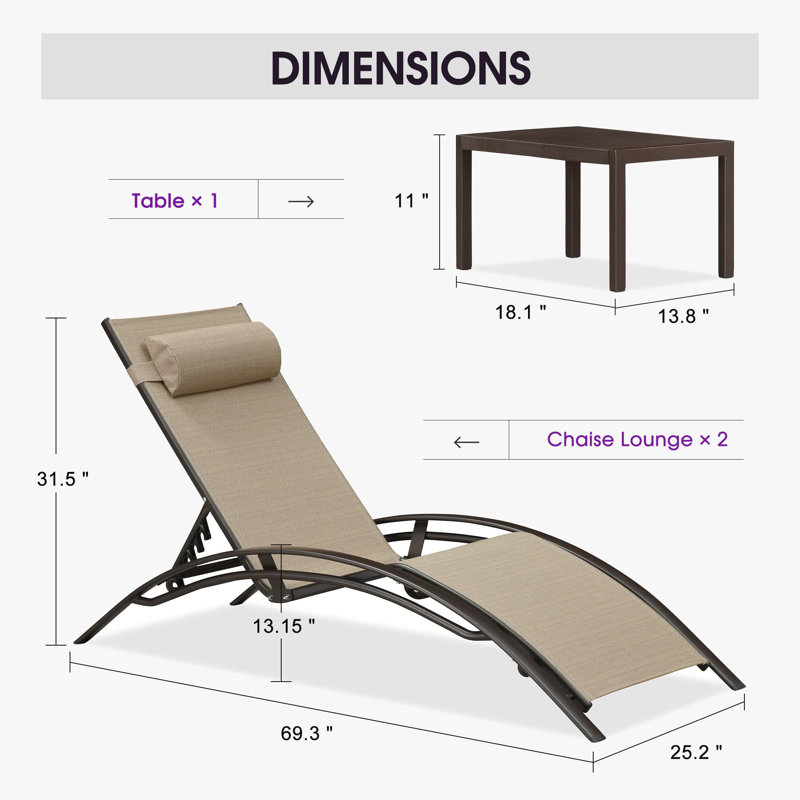  Outdoor Chaise Lounge Chair Set of 3 Patio Pool Lounger Bronze Aluminum Chairs with Side Table Adjustable Tanning Recliner for Outside Backyard Yard Deck Balcony Beach