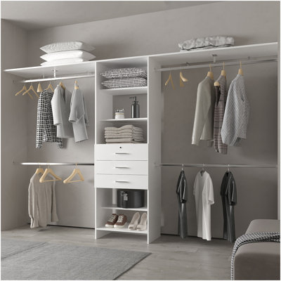 Geek Modular Closet Organizer System With Hanging Rods, Shelves, And Drawers , White