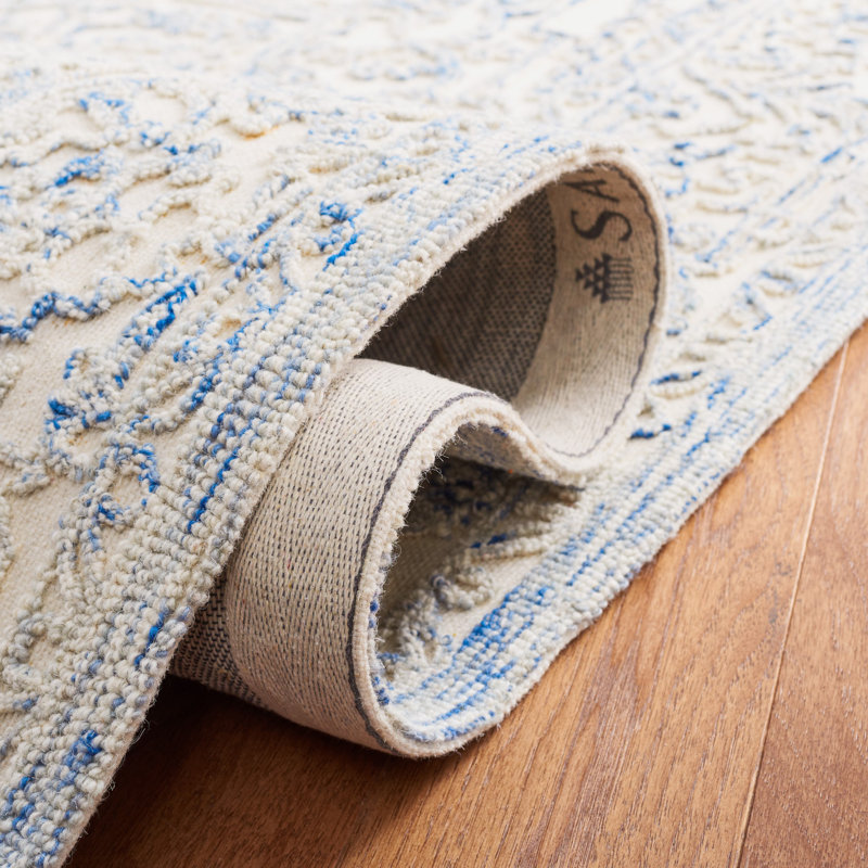 Ivory and Blue Hand-Tufted Wool Area Rug, 3' x 5'