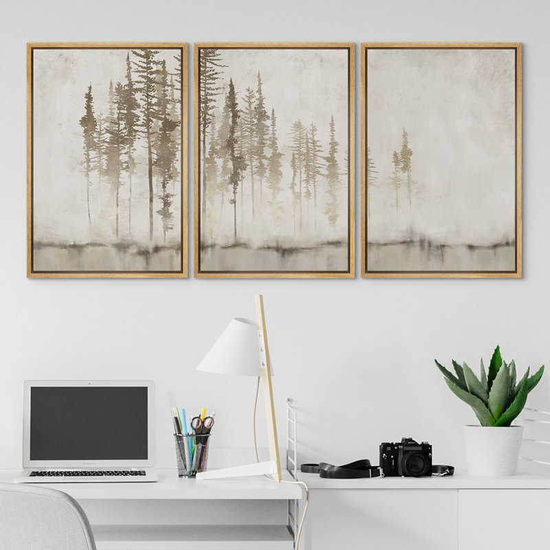 Pastel Abstract Tree Subtle Neutral Modern Rustic Home Decor - Framed Canvas Print Wall Art Work, Brown Framed