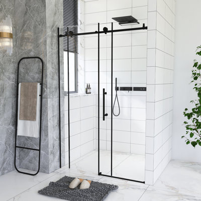 Porte de douche sans cadre l 44 à 48 po x H 76 po, verre trempé transparent de 1/4 po (6 mm), film antidéflagrant, poignée en acier inoxydable, noir mat