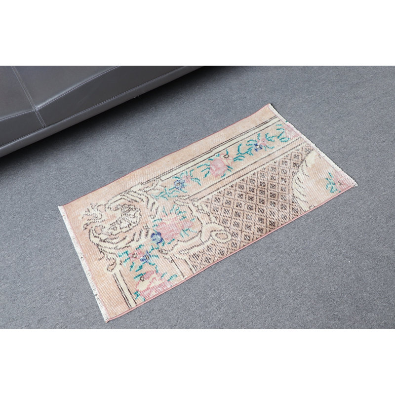 Handwoven Small Beige Turkish Antique Rug Ideal For Entryway And Bath Mat