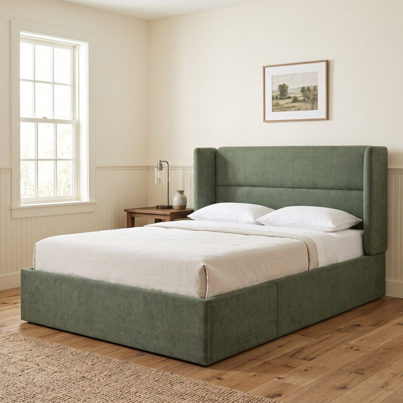 Lit plateforme tapissier avec rangement Gaillarde, Double, Vert forêt