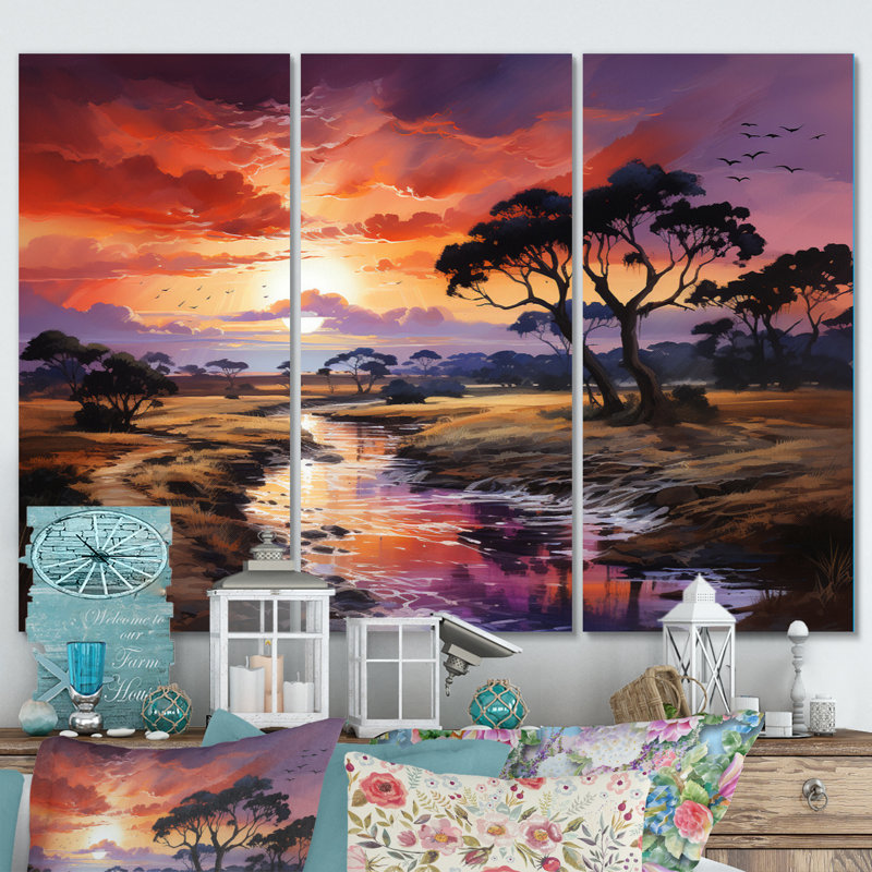 Serengeti africain, coucher de soleil sur toile, 3 pièces, H 28 po x l 36 po x P 1 po