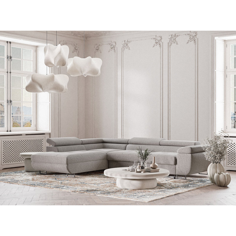 4 Seater Reclining Corner Sofa , Beige grey Polyester, Left Hand Facing