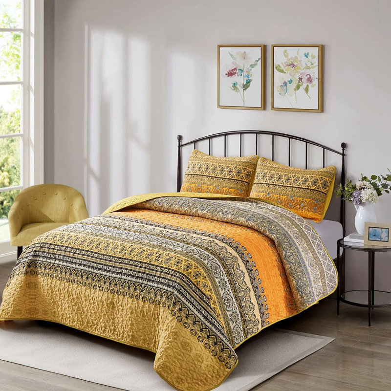 Ensemble de 3 courtepointe Boho Bohemian, Courtepointe pour lit grand + deux taies décorati, Jaune/orange