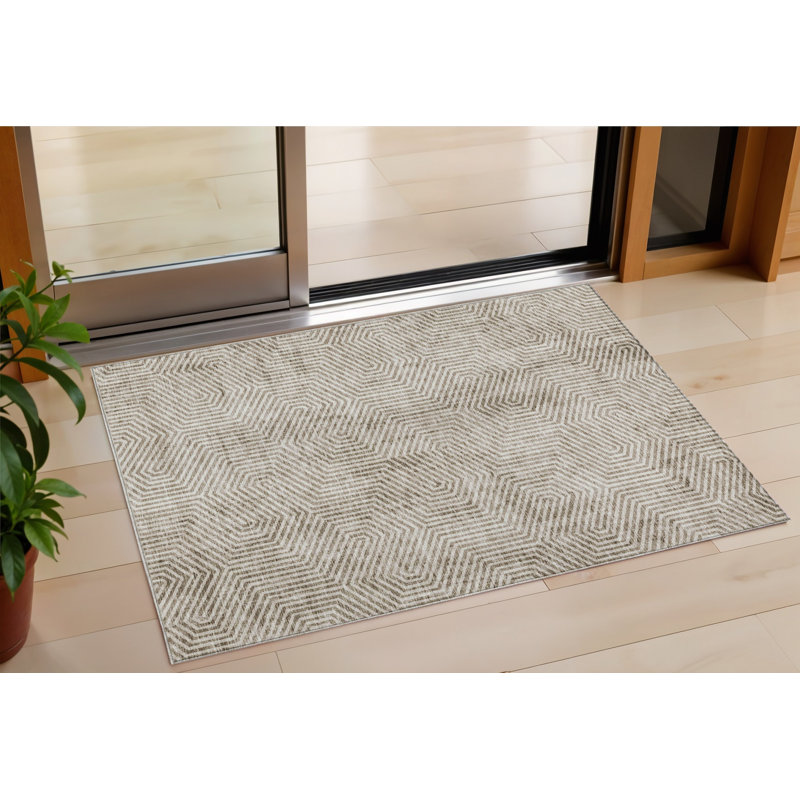 3' X 5' Taupe And Beige Geometric Washable Indoor Outdoor Area Rug