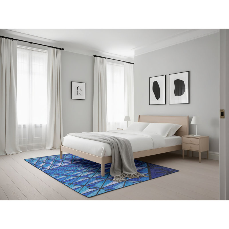 Tissé à la machine à partir de laine et de polyester bleu Tapis décoratif, Rectangle 5 pi x 7 pi