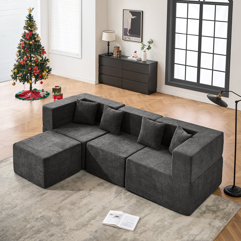 Canapé modulaire modulaire sans os avec 1 repose-pieds, canapé rembourré minimaliste moderne, canapé confortable en forme de U pour le salon, canapé d'angle à siège profond, aucun assemblage requis