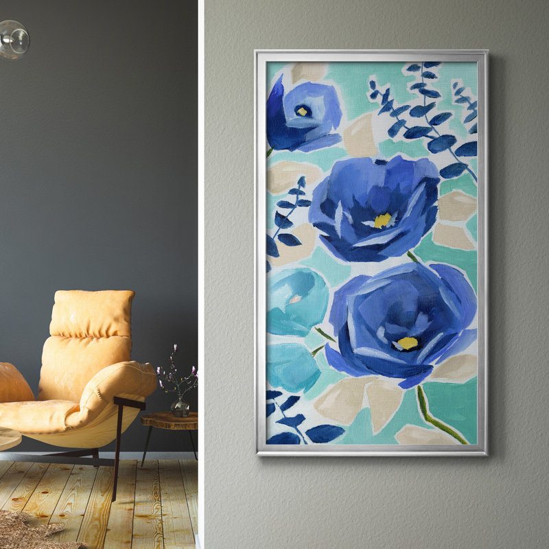 «Blue Modern Garden II», peinture sur toile encadrée, H 10,5 po x l 18,5 po x P 1,5 po, Cadre argenté