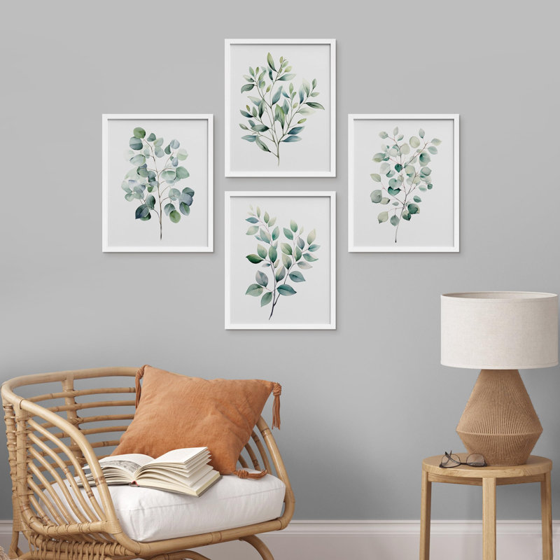 " Green Leaves Plants " 4 - Pieces, White, 14" H x 11" W