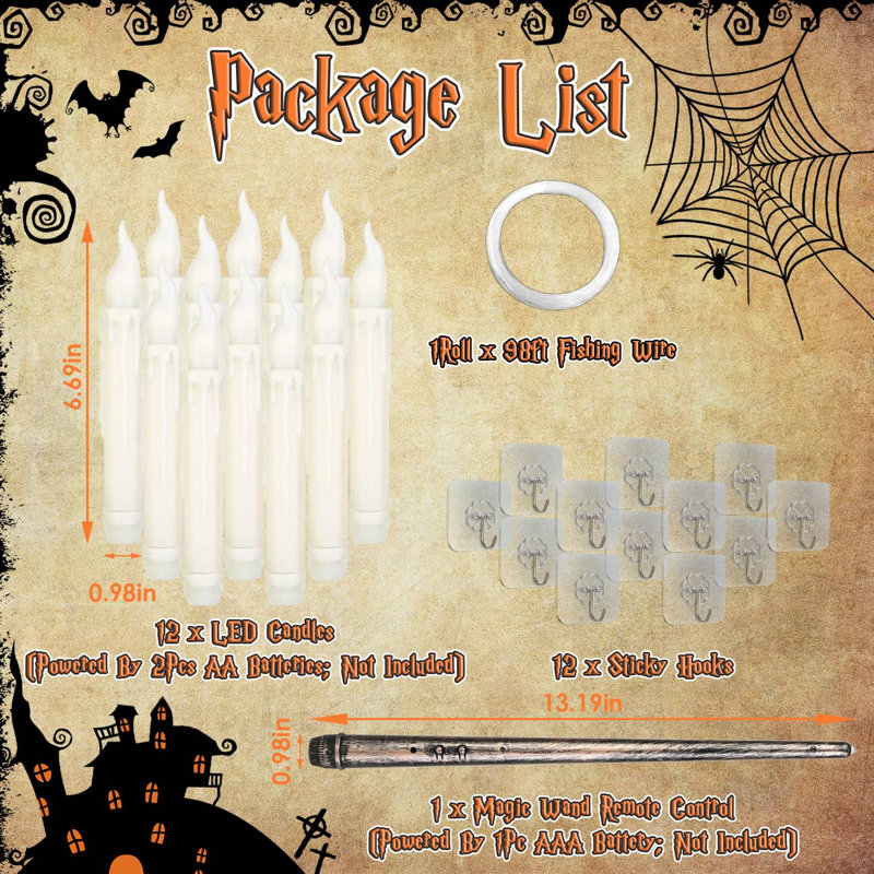 Ensemble de 12 bougies flottantes DEL avec télécommande baguette magique, lumière vacillante, guirlandes lumineuses à suspendre pour l'Halloween