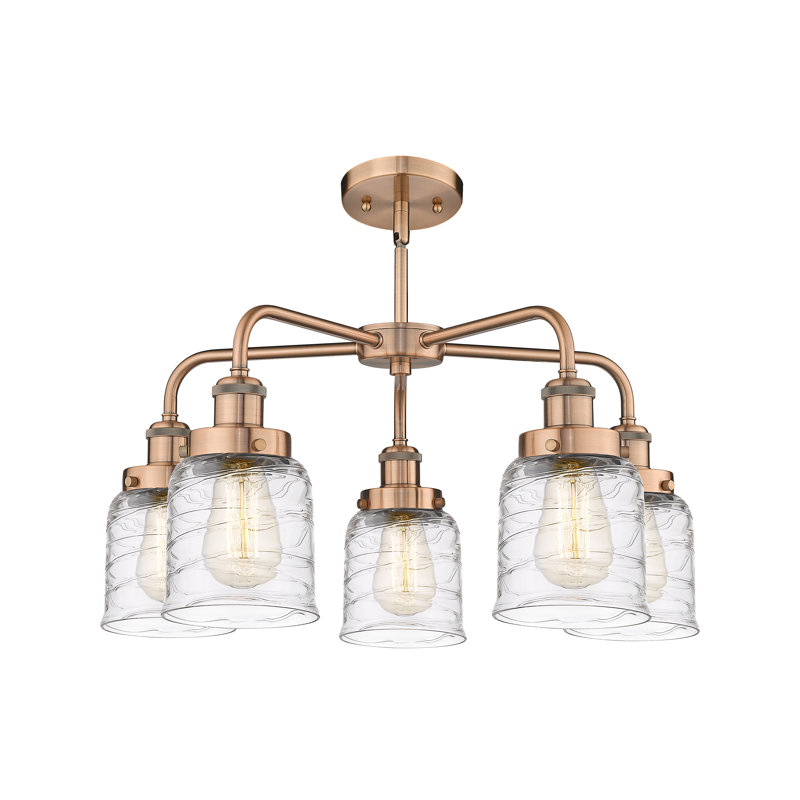Lustre en verre à 5 lumières Bell, Tourbillon déco transparent, Cuivre antique