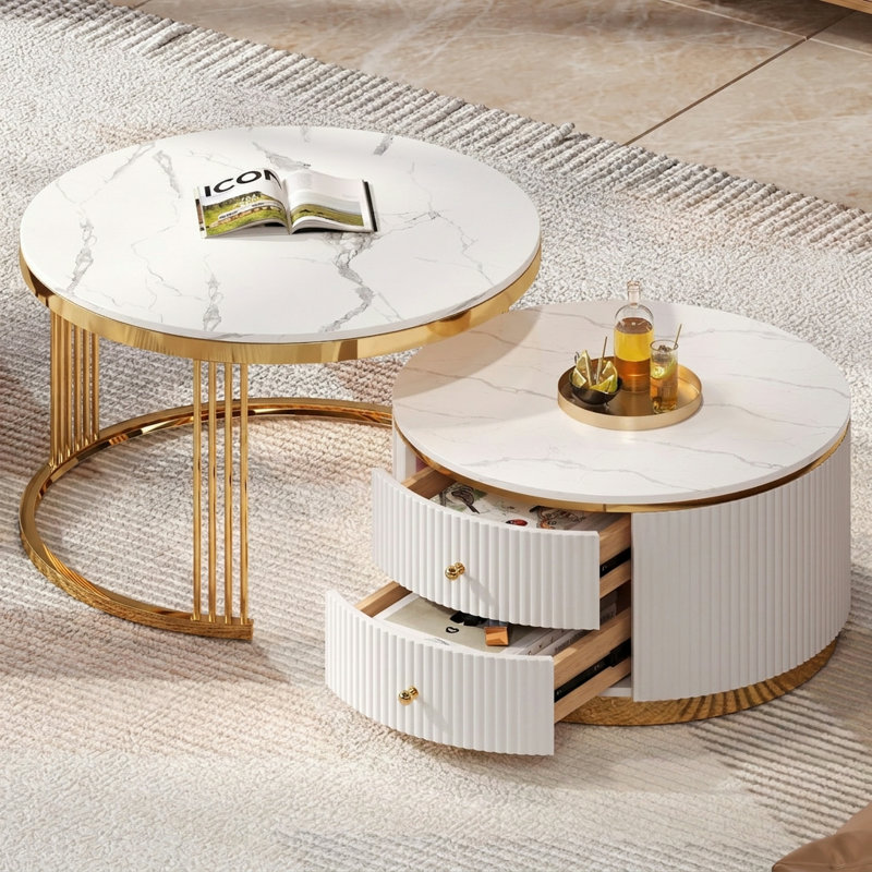 Table basse gigogne ronde moderne en 2 parties avec tiroirs