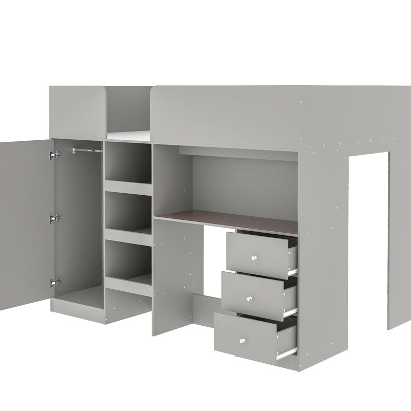Lit mezzanine pleine grandeur gris avec garde-robe intégrée, bureau et unités de rangement spacieuses avec finition en bois, bureau et garde-robe