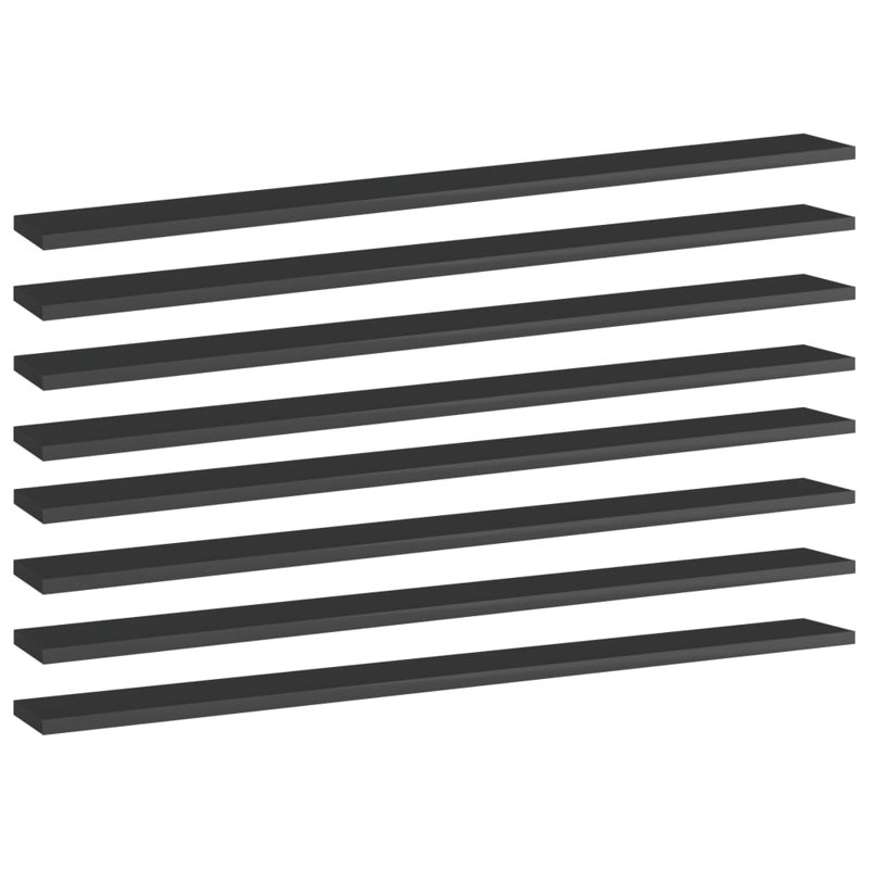 Bookshelf Boards 8 pcs Engineered Wood, High Gloss Black, (8 Shelves) 0.6" H x 39.4" W x 3.9" D