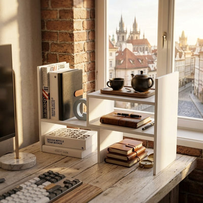Expandable White Wood Desktop Bookshelf & Organizer