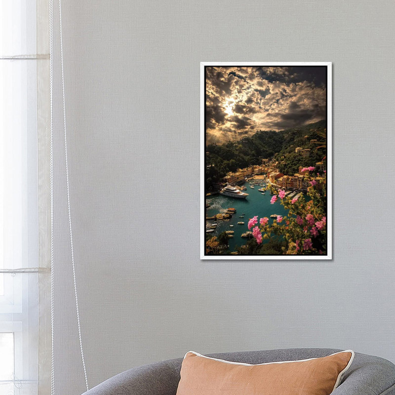 Panorama Of Portofino by Enzo Romano - Print on Canvas, 66.04cm H x 45.72cm W x 3.81cm D, White Framed