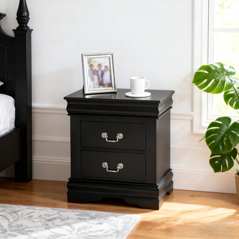 Transitional 2-Drawer Solid Wood Nightstand, No Assembly Required, Black