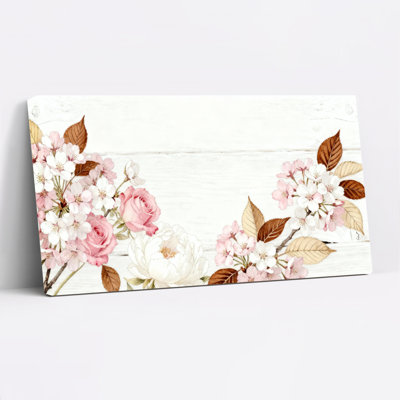 Ensemble de 1 tableau sur toile tendue représentant des fleurs de cerisier et des roses
