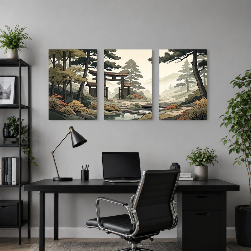 Ensemble de 3 toiles en bois en bois dans une forêt brumeuse avec ruisseau, H 36 po x l 24 po x 3 pièces