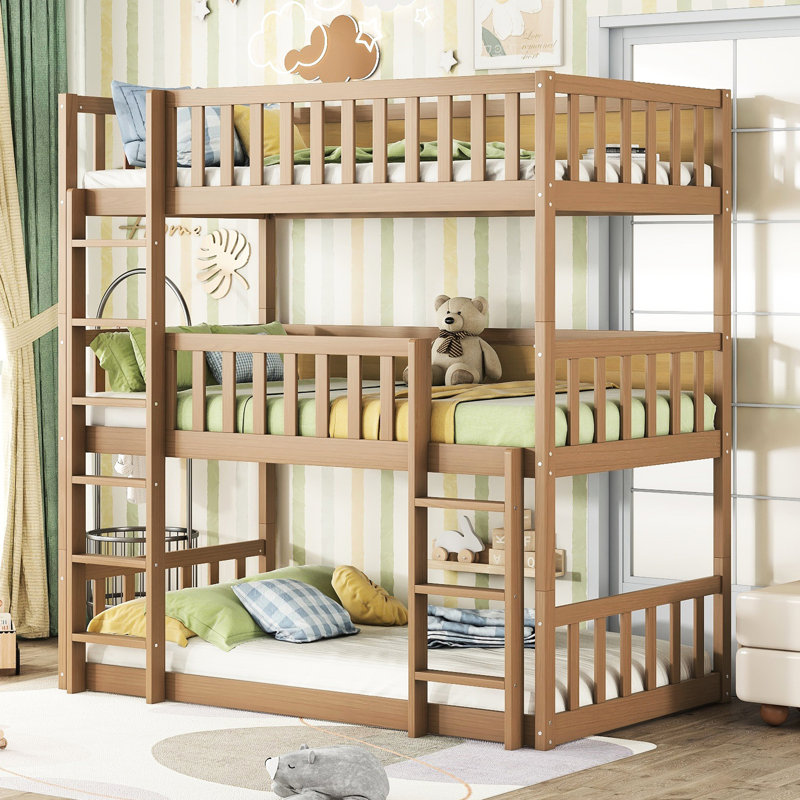 Lit superposé triple en bois d'hévéa, lit élégant de couleur chêne blanc avec options amovibles, Chêne blanc