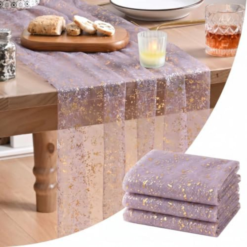 3 pièces de chemin de table en gaze mauve grisâtre doré 10 pi, feuille métallique scintillante, anniversaire de mariage, décoration de table de fête pour la fête