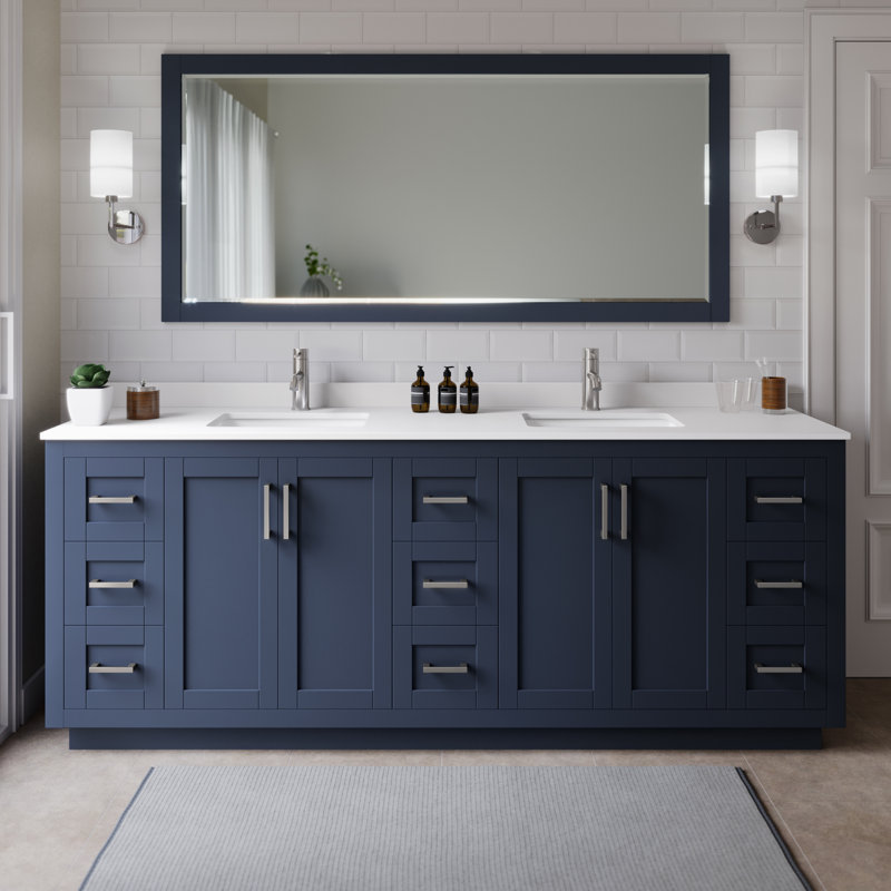 Miranda 84" Freestanding Double Bathroom Vanity with Cultured Marble Top with 70" Mirror, Dark Blue, Brushed Nickel