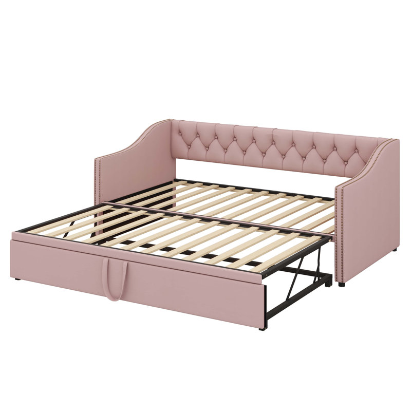 Lit de jour simple tapissier avec lit gigogne escamotable, Rose