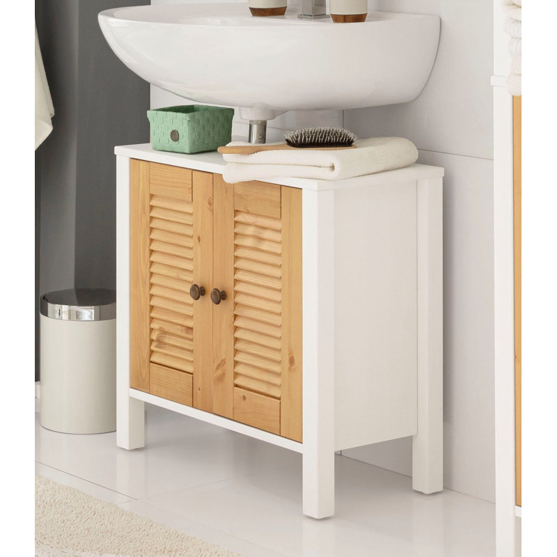 Ayanna Solid Wood Freestanding Bathroom Cabinet, White/Brown