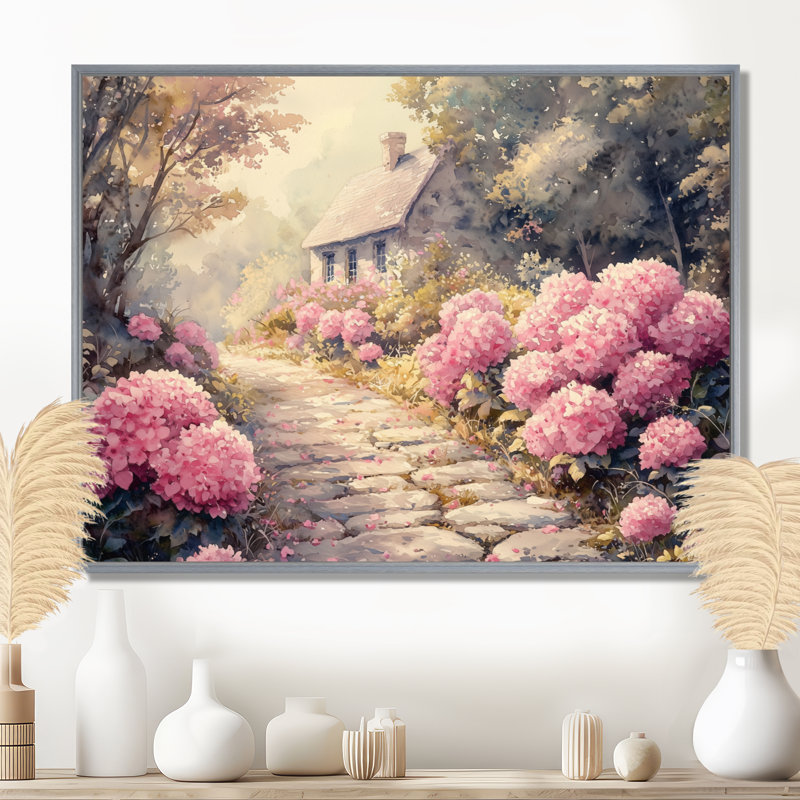 Hortensias par le chemin de pierre IV - hydrangées, art mural, Argent argent, H 30 po x l 40 po