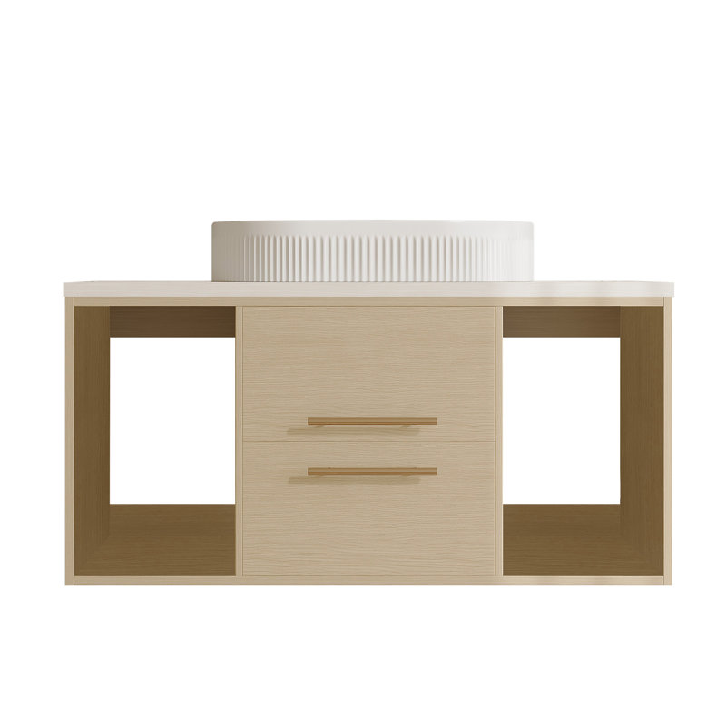 Meuble-lavabo 38,6 po avec lavabo en céramique, meuble-lavabo flottant avec 2 tiroirs et 2 rangements, Brun clair