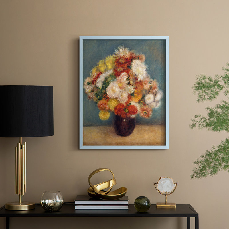 "Colorful Chrysanthemums", reproduction encadrée - bois massif, Bleu, H 30 po x l 24 po